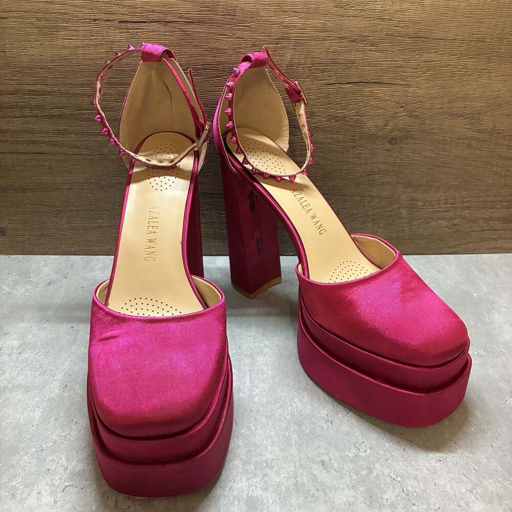 Azalea Wang Hot Pink Penelope Platform Chunky Block Heels ankle straps sz 11
